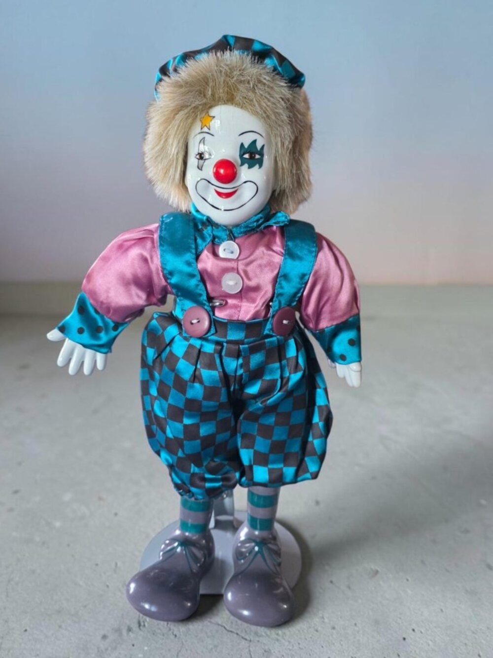 VINTAGE 80'S DSN Porcelain Clown 13 1/2" Turquoise Checkered Pants Pink Satin